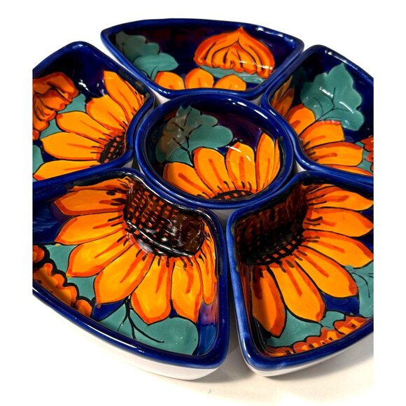 Talavera Mexican Hand Painted Sunflower Pottery 6 Piece Sectional Serving Dish / - Picture 1 of 6